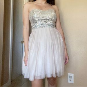 White and sequin strapless cocktail mini dress with tulle underneath